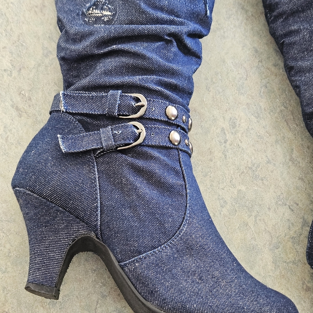 Denim Boots with Buckle Detail